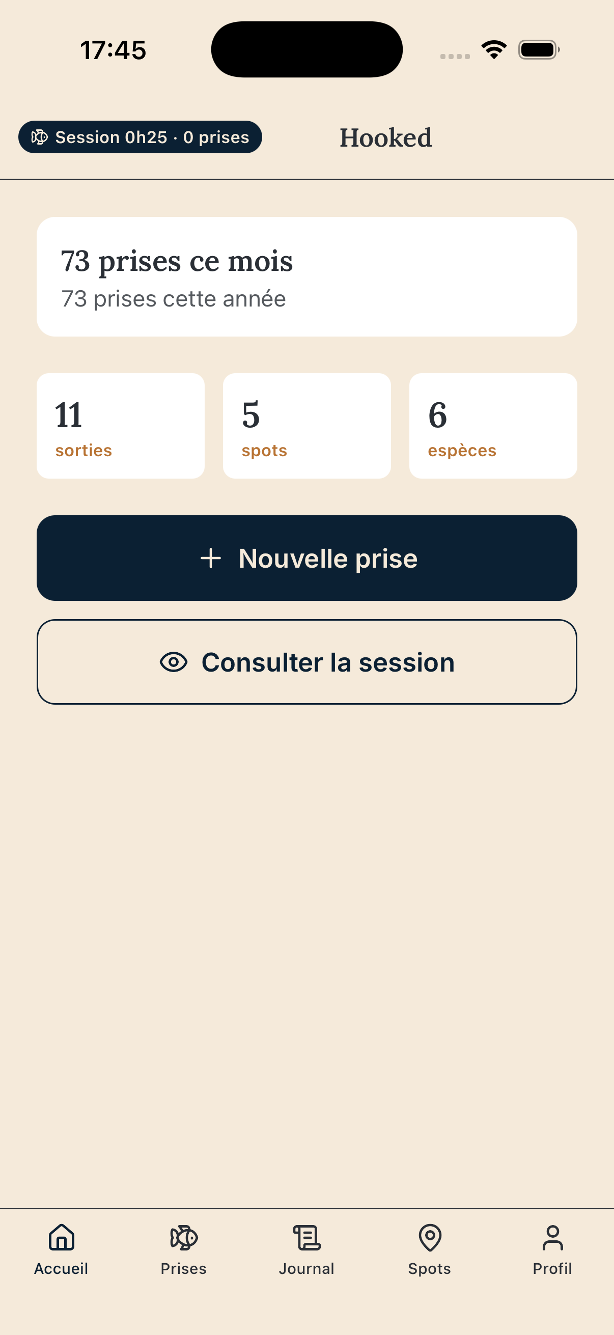 Écran d'accueil de l'application Hooked